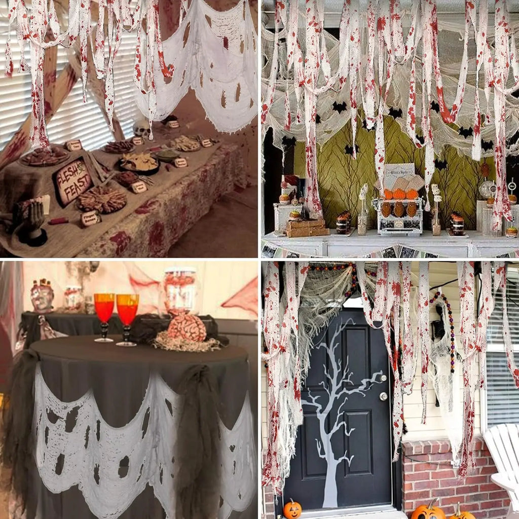 Halloween Bloody Crime Scene Tape Fake Blood Stained Gauze & Barrier Tape for Haunted House Decor