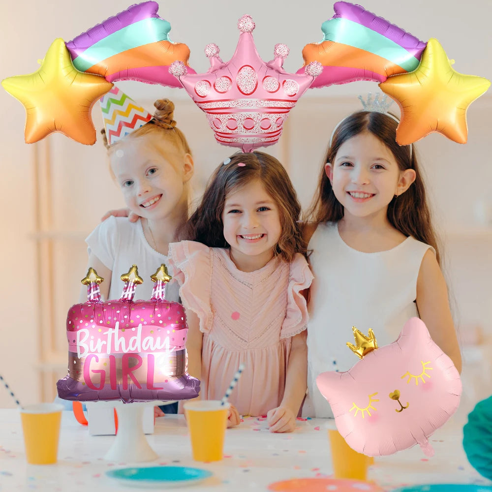 Princess Birthday Party Decor Pink Castle Carriage Crown Cat Birthday Cake Foil Balloon Girl Birthday Baby Shower Party Supplies