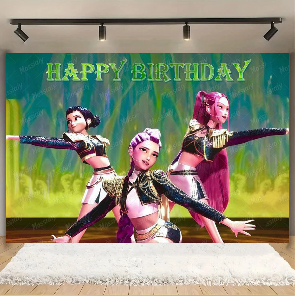 Kpop Theme Girl's Birthday Party Decoration Backdrop Pink Demons Kids Birthday Party Supplies Decor Banner Background Photo Prop