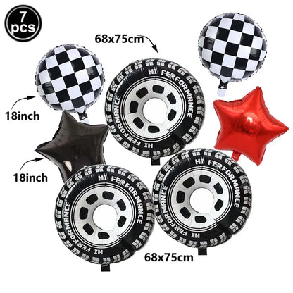 Racing Car Balloon Traffic Cone Balloon Tire Wheel Balloons Black White Checkered Race car Theme Kids Birthday party Decorations