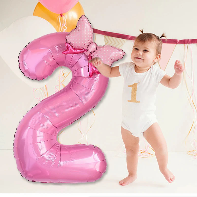 1Pc Large 40inch Number Pink Foil Balloon With Bow 1 2 3 4 5 6 7 8 9 For Kid Boys Girls Birthday Party Baby Shower Decorations