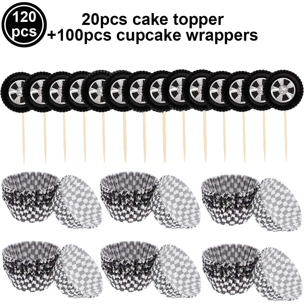 Wheel Racing Car Party Cake Decor Tire Cupcake Topper Mini Checkered Racing Flag Cupcake Toppers Racing Theme Party Supplies