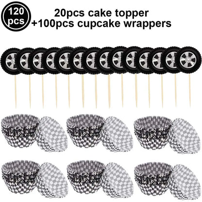 Racing Car Tire & Checkered Flag Cupcake Toppers