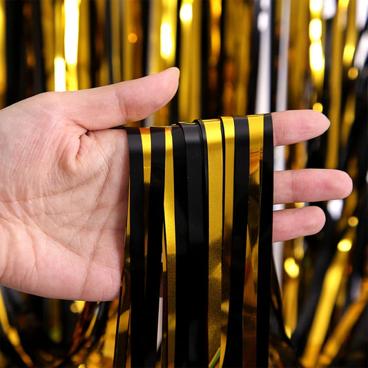 Birthday Party Decorations Backdrop Curtains Glitter Black Gold Tinsel Fringe Foil Curtain Background Wedding Adult Anniversary
