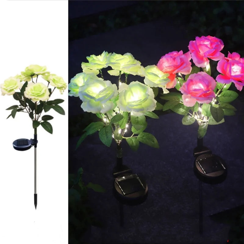 7-Head Solar-Powered LED Rose Lights Flower Garden Decor Outdoor Pathways Landscaping Light Lawn Decorative Atmosphere Lights