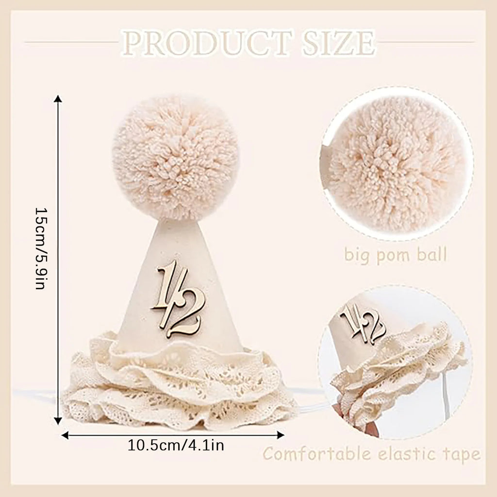 1 Birthday Hat – Neutral One Half Party Crown for Boys & Girls with Handcrafted Pom & Lace Ruffle Party Supplies