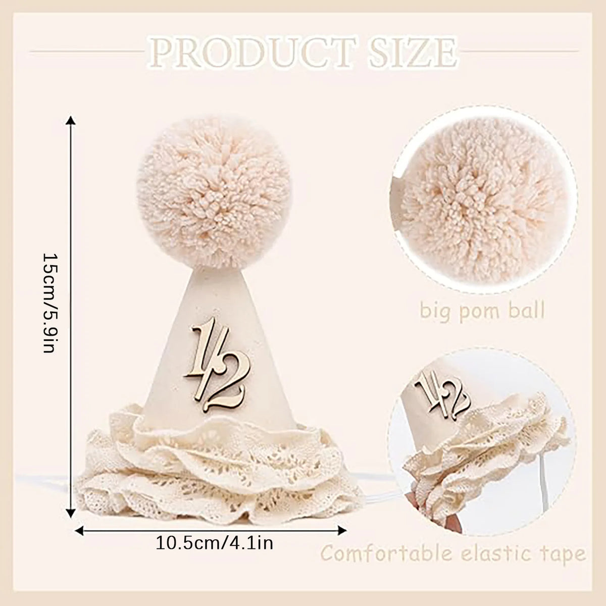 1 Birthday Hat – Neutral One Half Party Crown for Boys & Girls with Handcrafted Pom & Lace Ruffle Party Supplies