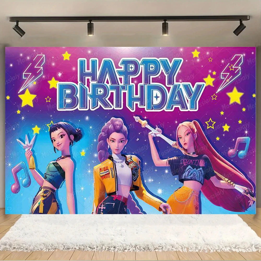 Kpop Theme Girl's Birthday Party Decoration Backdrop Pink Demons Kids Birthday Party Supplies Decor Banner Background Photo Prop