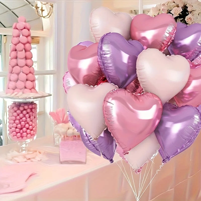 12pcs Pastel Pink Purple Heart Balloons 18 Inch Heart-Shaped Aluminum Foil Balloons Birthday Party Valentine’s Day Decoration