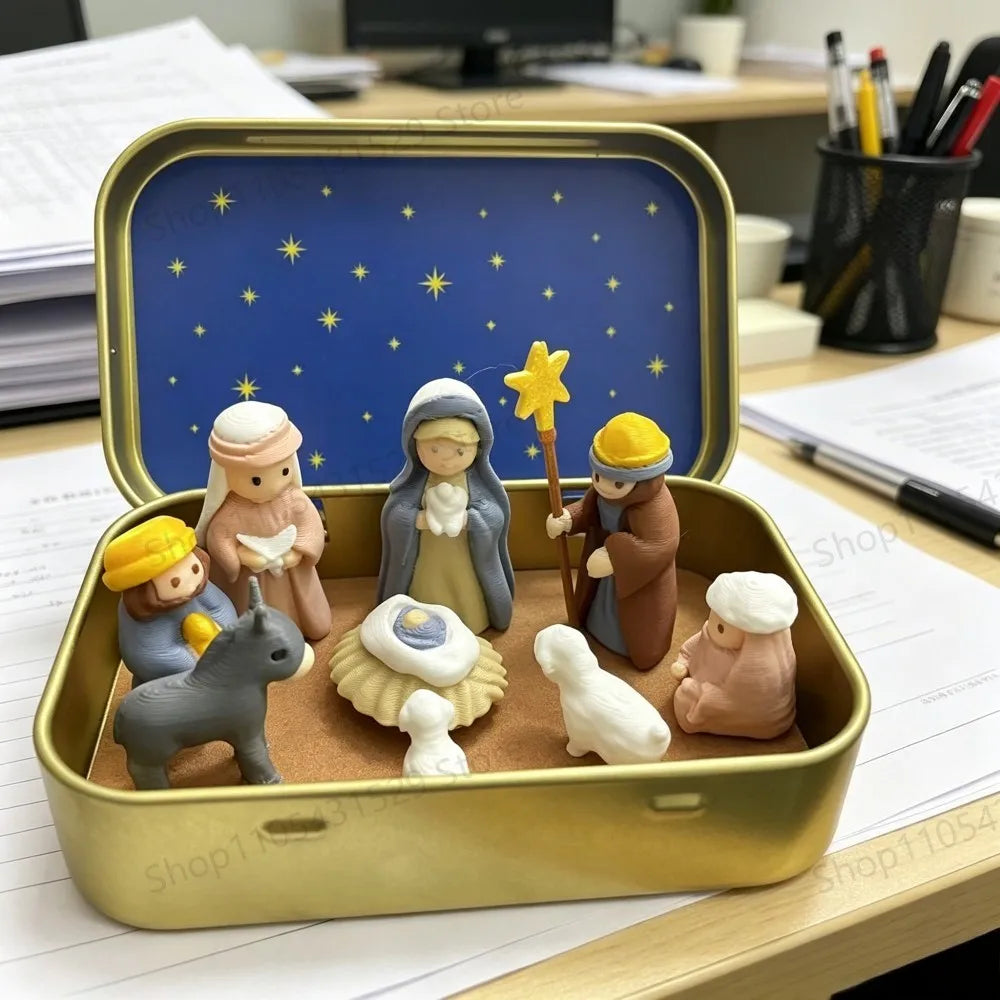 Christmas Nativity Scene Figurines in Metal Tin Box Mini Jesus Birth Set Religious Xmas Gift for Home Table Decor