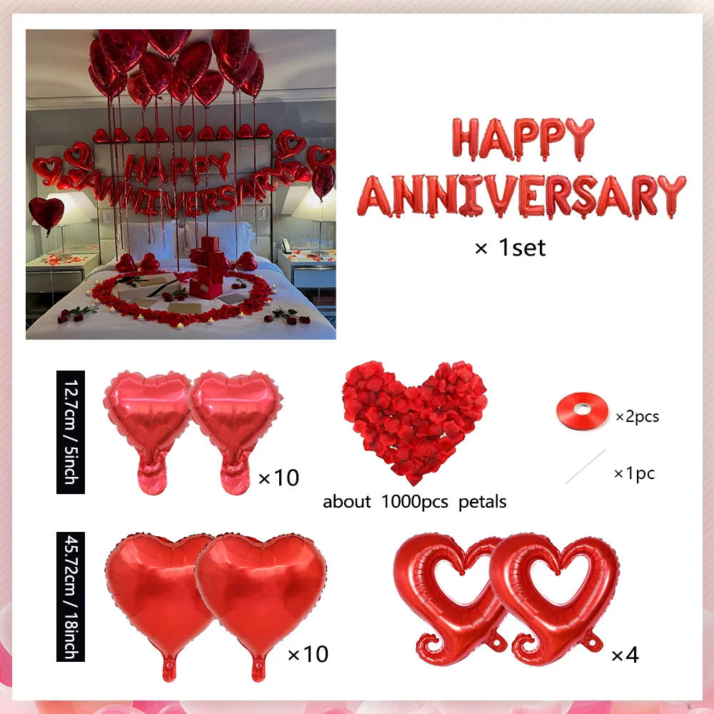 Happy Anniversary Decoration, Red Heart Balloon, Happy Anniversary Banner, Rose Petals, Wedding, Valentine's Day Romance