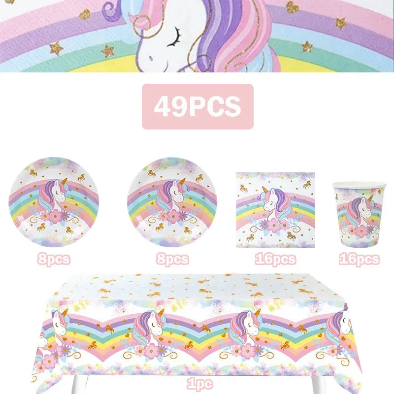 Unicorn Girls Birthday Decoration Party Supplies Unicorn Theme Tableware Set Cup Plate Balloon Banner Gift  for Kids Party Favor