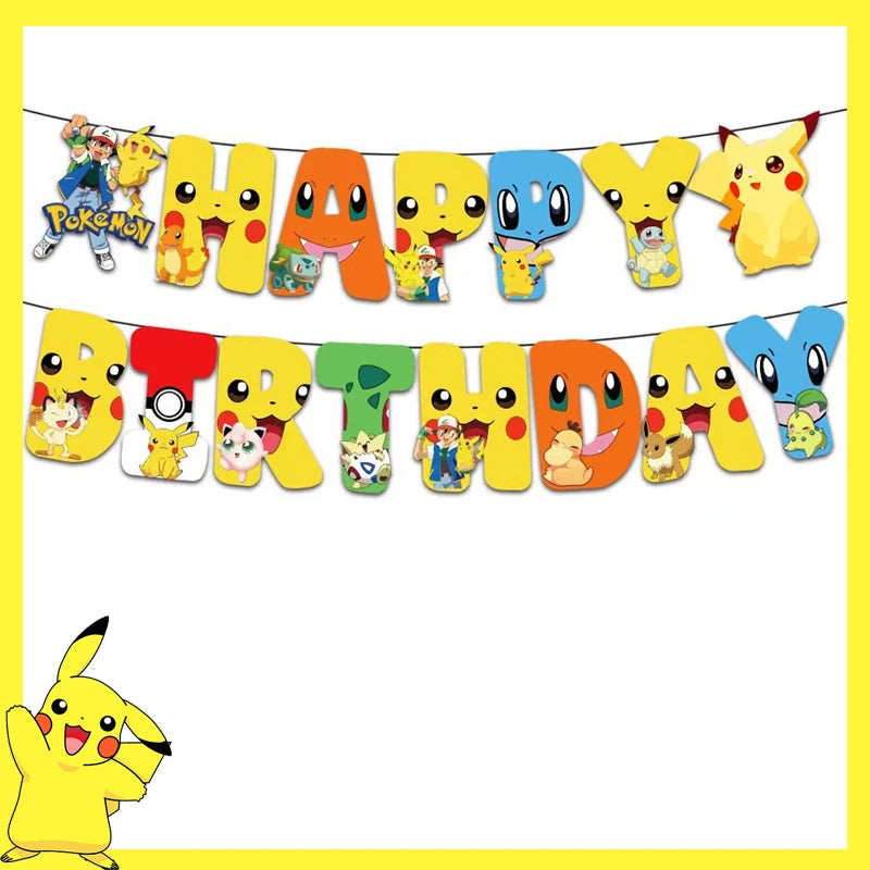 Pokemon Birthday Party Decoration Pikachu Disposable Tableware Cup Napkin Plate Tablecloth Baby Shower Cake Topper Flag Balloons