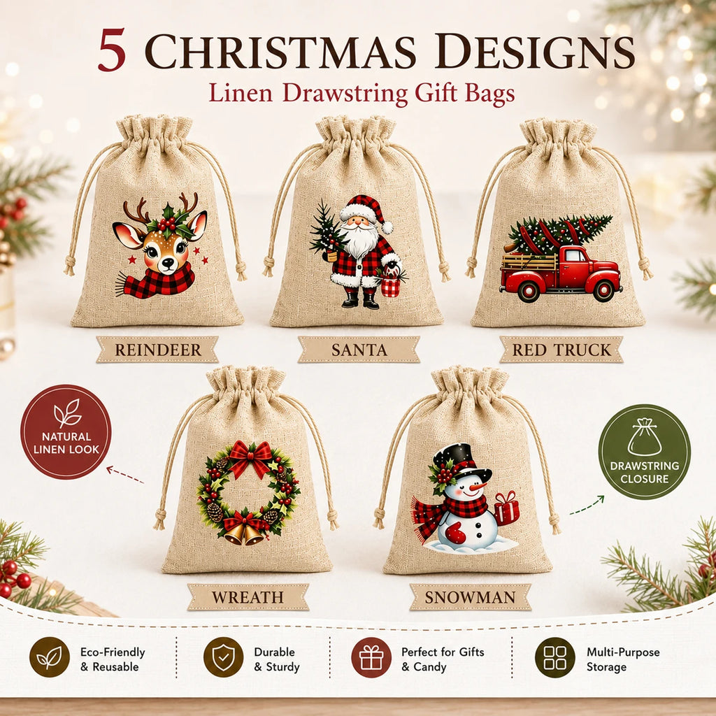 5/20/50PCS Reusable Christmas Drawstring Pouches 5 Festive Linen Look Bags for Candy, Cookies Gift Wrapping and Party Favors Gif