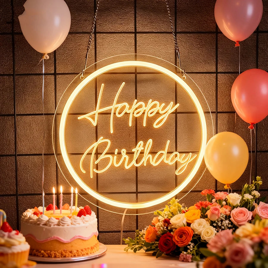 Happy Birthday Neon Sign for Wall Decor, USB Powered LED Neon Sign with Switch, Ideal for All Ages Home Party Decor