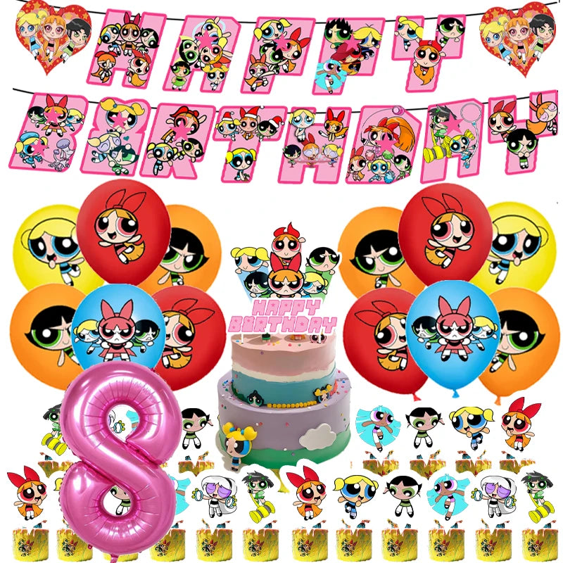Cartoon Powerpuff Girls 1-9th Birthday Party Balloon Decoration Kit Number Foil Balloon Cake Topper Baby Shower Favors Globos