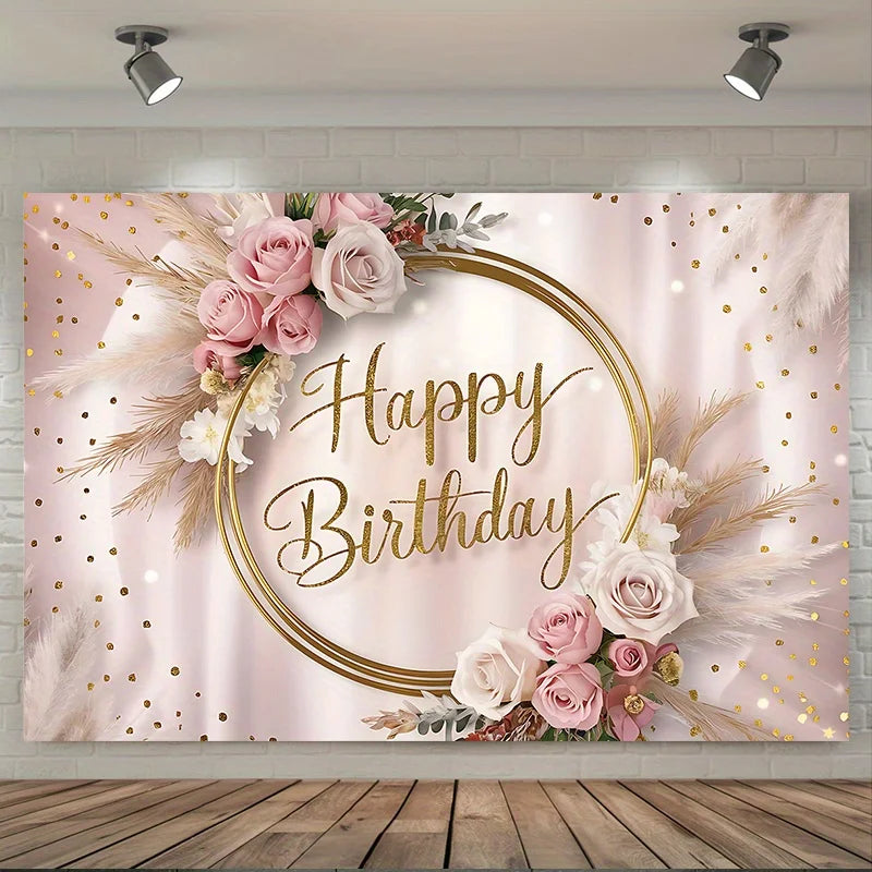 Happy Birthday Party Banner | Multi colored background with floral and gold glitter accents | Elegant Pink
