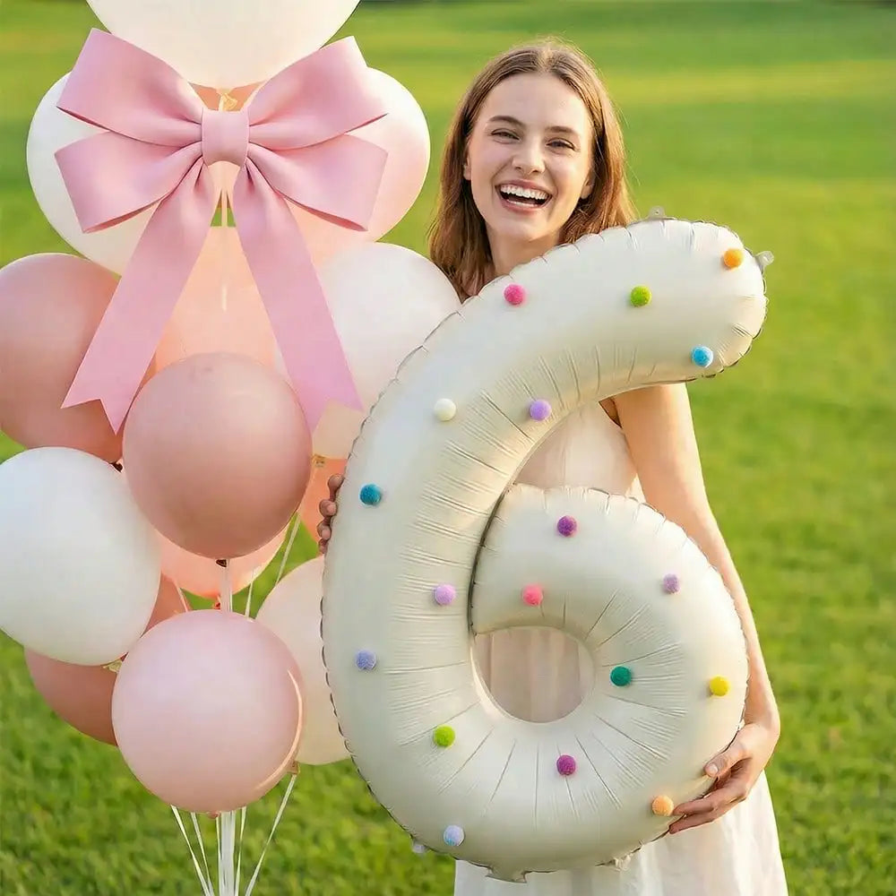 32 Inch Aluminum Foil Balloons, Milky White Numbers 0-9 for Birthday Party Decoration, 20 Plush Balls for Celebrating Birthdays