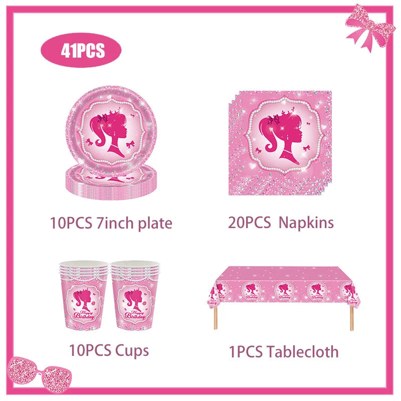 New Princess Birthday Party Decoration Tableware Pink Princess Theme Plates Cups Napkins Ballon Girl Birthday Party Supplies kit