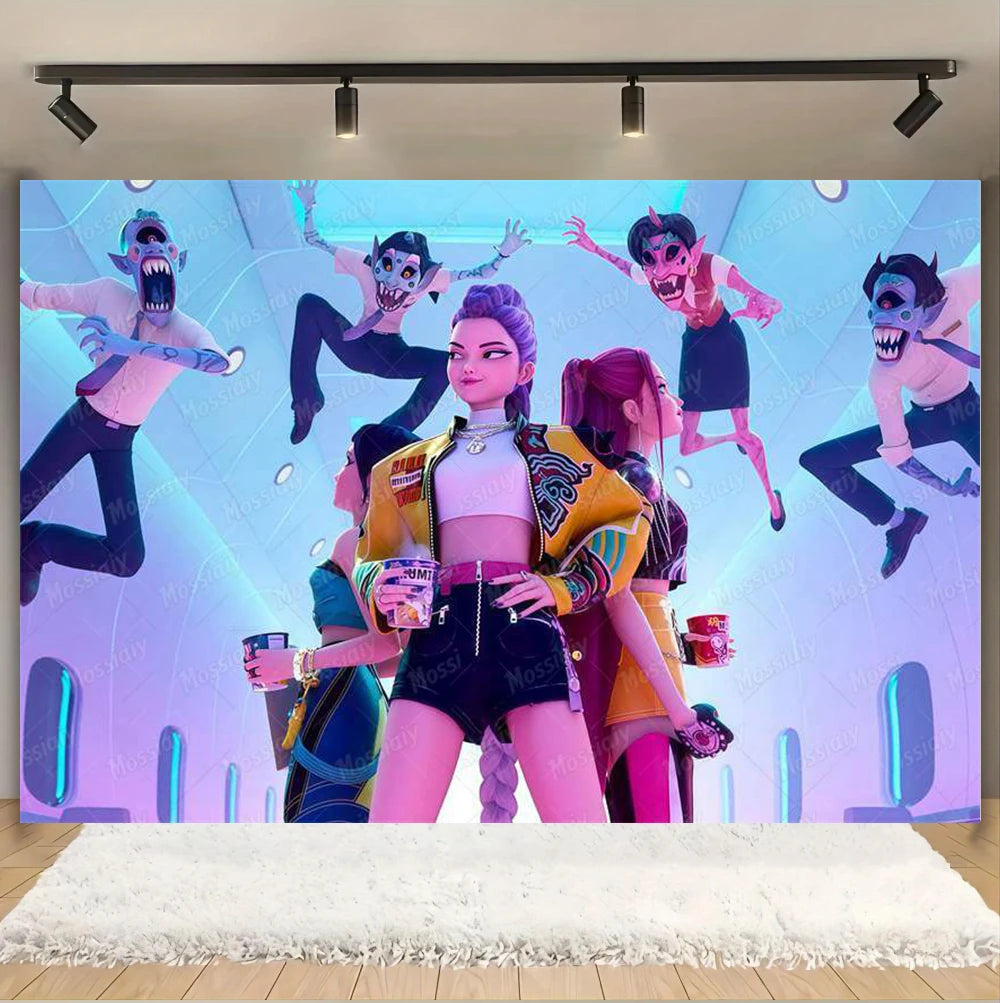 Kpop Theme Girl's Birthday Party Decoration Backdrop Pink Demons Kids Birthday Party Supplies Decor Banner Background Photo Prop
