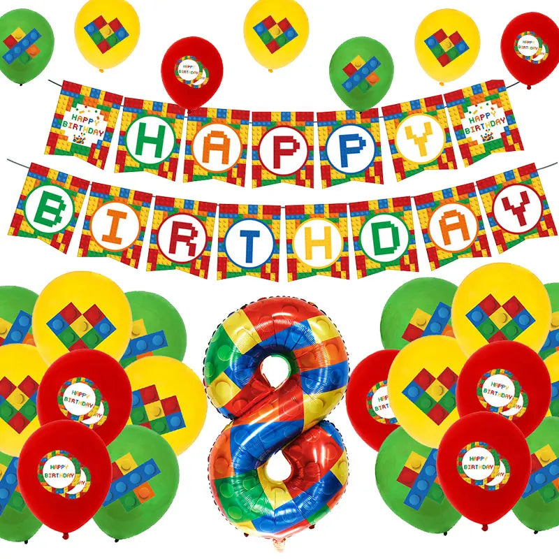 Kids Building Blocks Birthday Party Decoration Colorful Building Block Theme Party Supplies Kit Plates Cups Napkins Straw Ballon