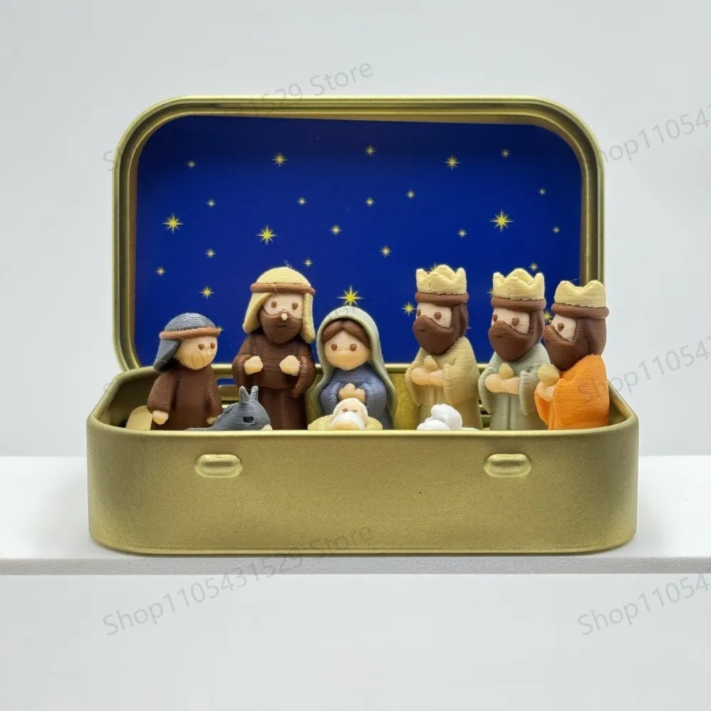 Christmas Nativity Scene Figurines in Metal Tin Box Mini Jesus Birth Set Religious Xmas Gift for Home Table Decor