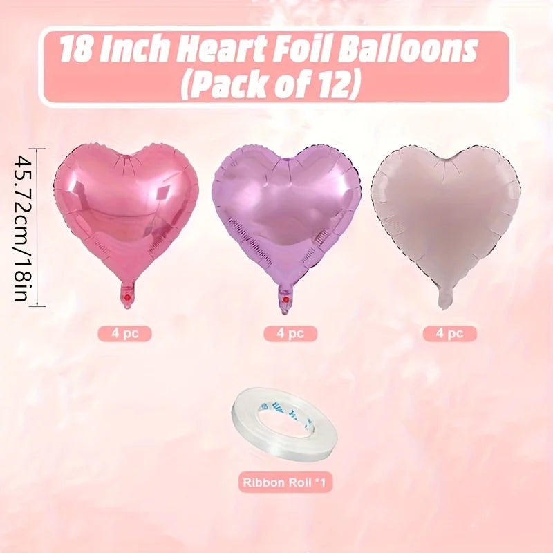 12pcs Pastel Pink Purple Heart Balloons 18 Inch Heart-Shaped Aluminum Foil Balloons Birthday Party Valentine’s Day Decoration
