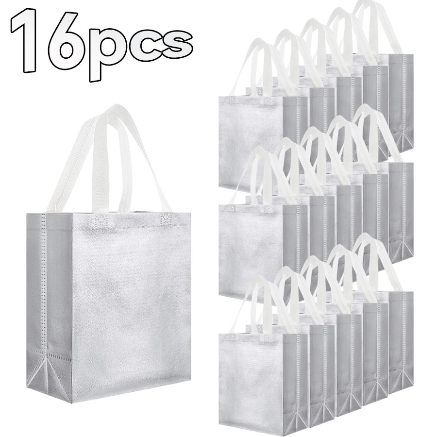 16/8PCs Reusable Gift Bags Giftbag Glossy Silver, with handle 10x4x8in Metallic Bling Design Holiday Gift Bag with Handles.