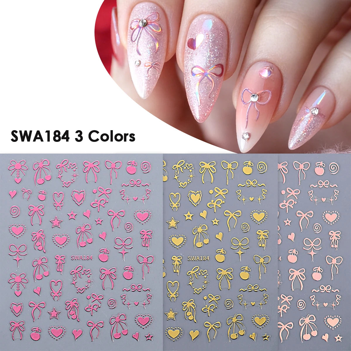 3pcs Valentine's Day Nail Art Stickers 3D Black White Pink Lines Love Heart Nail Decals DIY Adhesive Slider Manicure Decorations