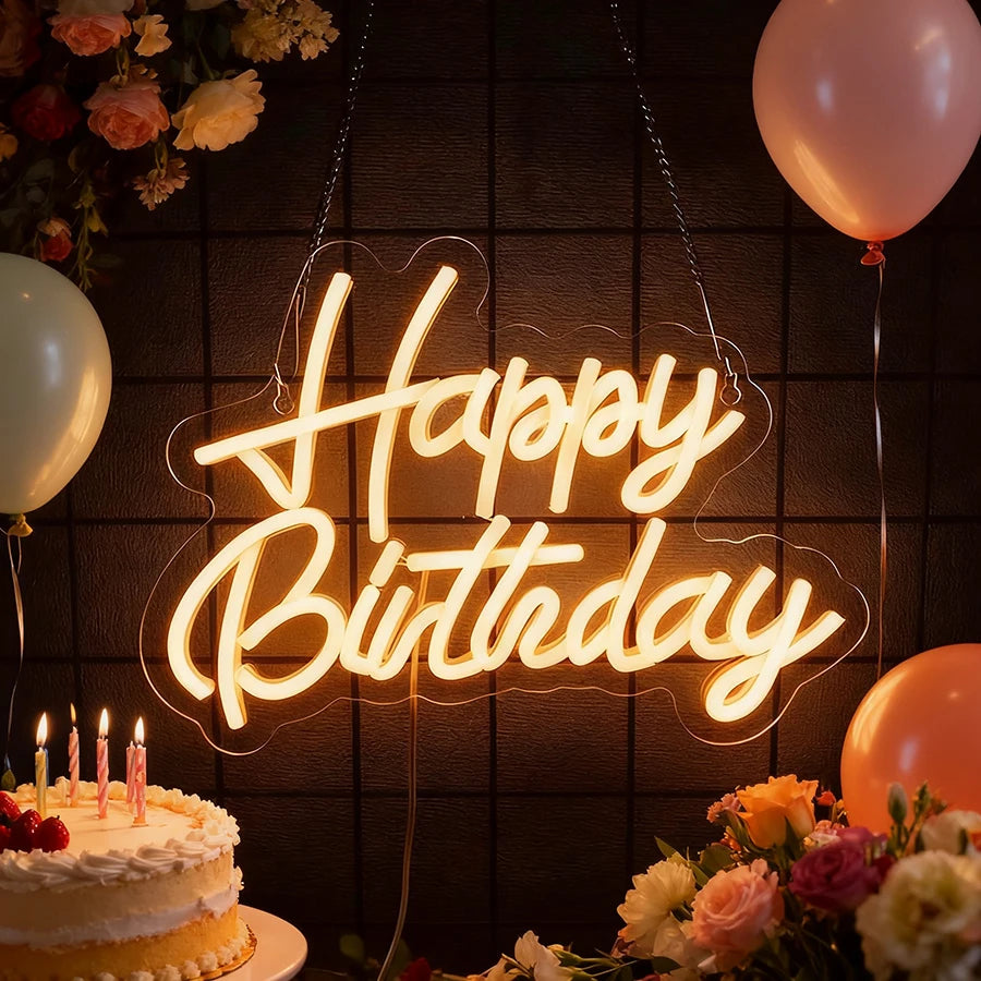 Happy Birthday Neon Sign for Wall Decor, USB Powered LED Neon Sign with Switch, Ideal for All Ages Home Party Decor