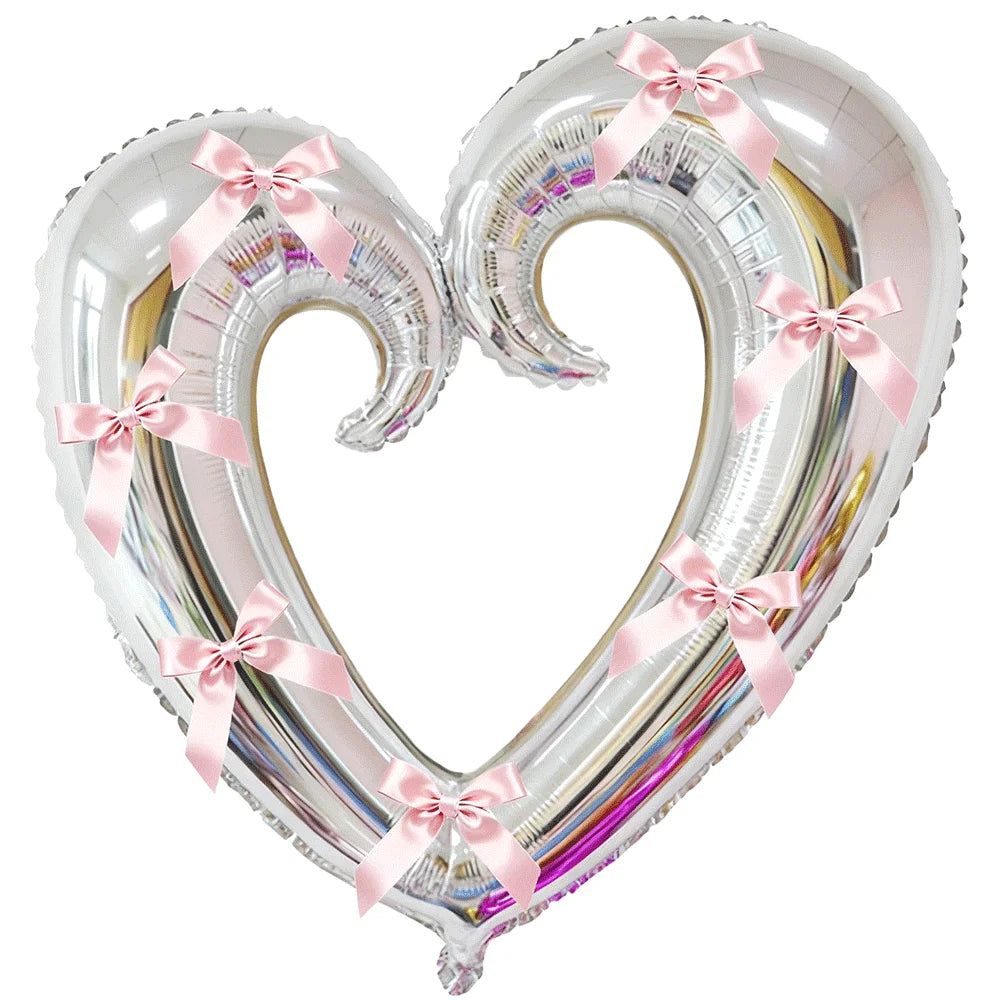 40inch Giant Heart-Shaped Foil Balloon with Pink Bows Multi-Colored for Valentine's Day Wedding Birthday Party Decor Photo Props