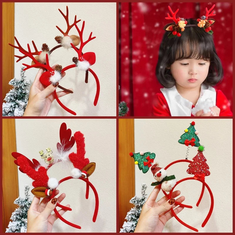10PCS Christmas Decorations For Home Snowman Christmas Tree Bow Deer Horn Headband With Light Girl Children Party Headband