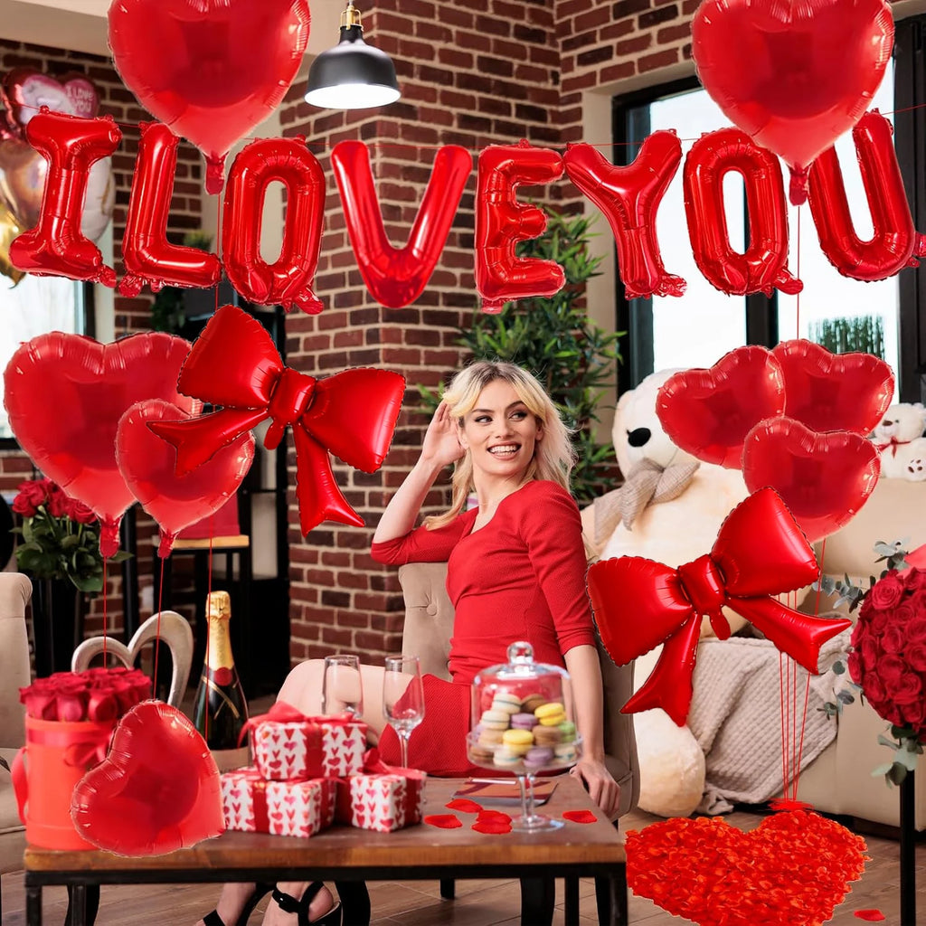 57 Pcs I LOVE YOU Balloon Set with Red Bow Star Aluminum Balloon Valentine's Day Wedding Anniversary Birthday Party Decoration