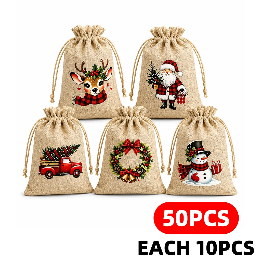 5/20/50PCS Reusable Christmas Drawstring Pouches 5 Festive Linen Look Bags for Candy, Cookies Gift Wrapping and Party Favors Gif