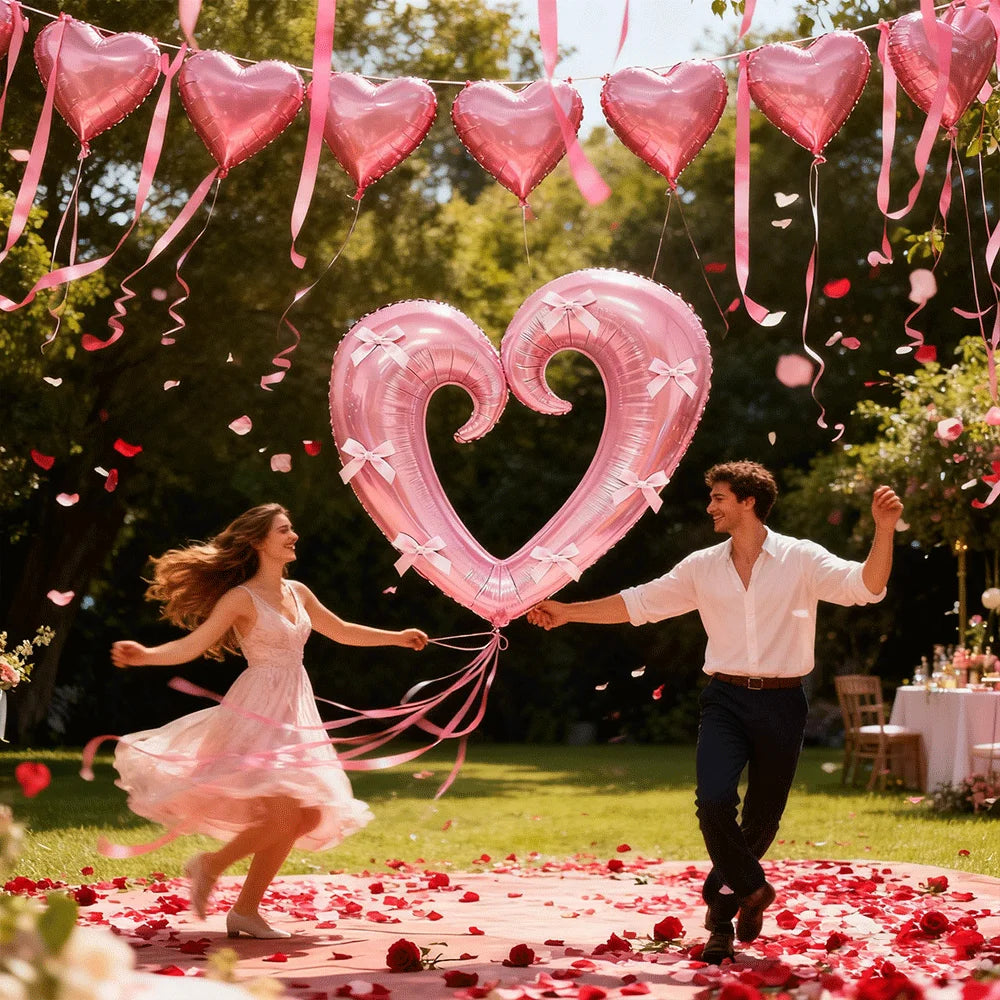 40inch Giant Heart-Shaped Foil Balloon with Pink Bows Multi-Colored for Valentine's Day Wedding Birthday Party Decor Photo Props