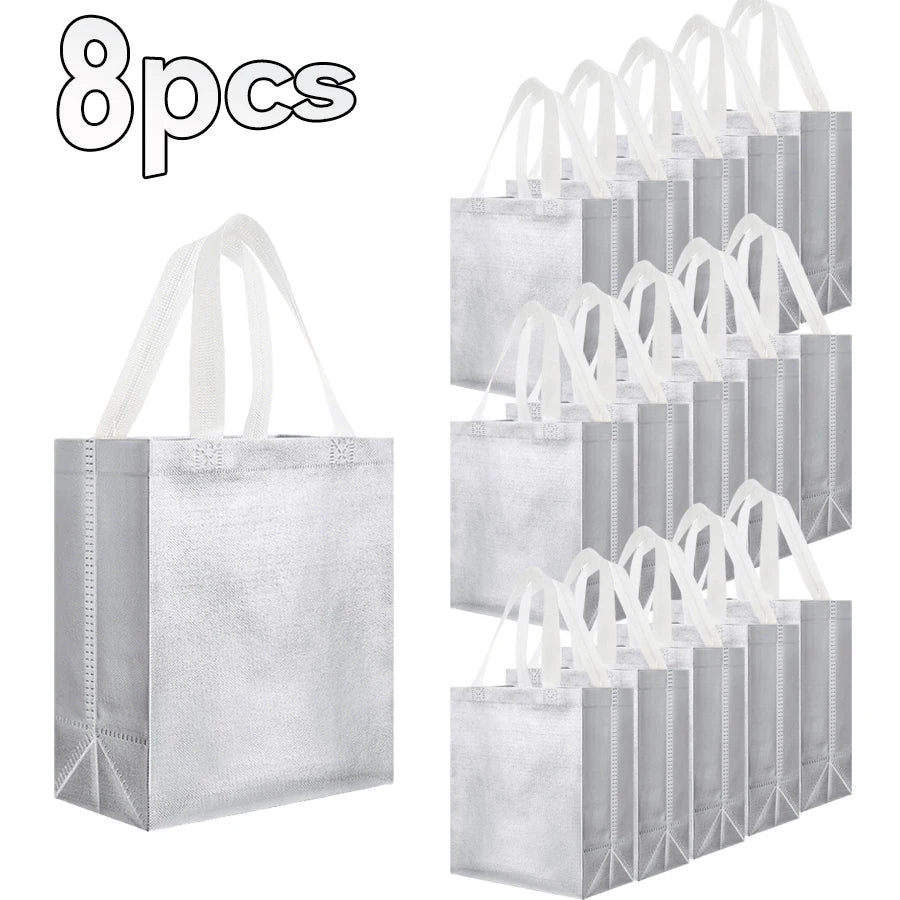 16/8PCs Reusable Gift Bags Giftbag Glossy Silver, with handle 10x4x8in Metallic Bling Design Holiday Gift Bag with Handles.