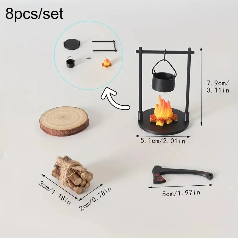 Mini Campfire and Teapot Miniature Statue Ornament Home Kitchen DIY Craft Accessories Desktop Photo Props Decor Christmas Gifts