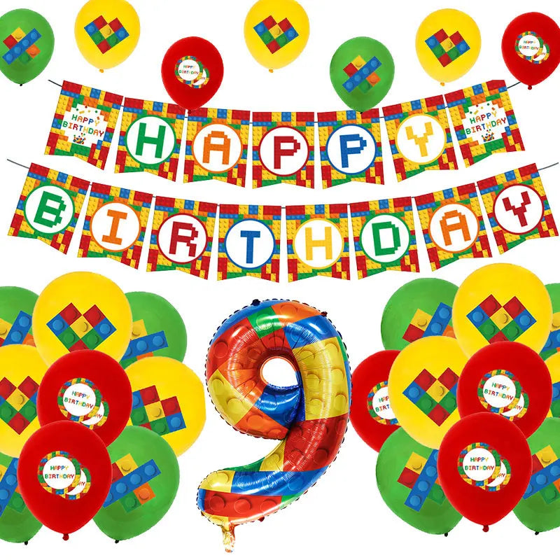 Kids Building Blocks Birthday Party Decoration Colorful Building Block Theme Party Supplies Kit Plates Cups Napkins Straw Ballon