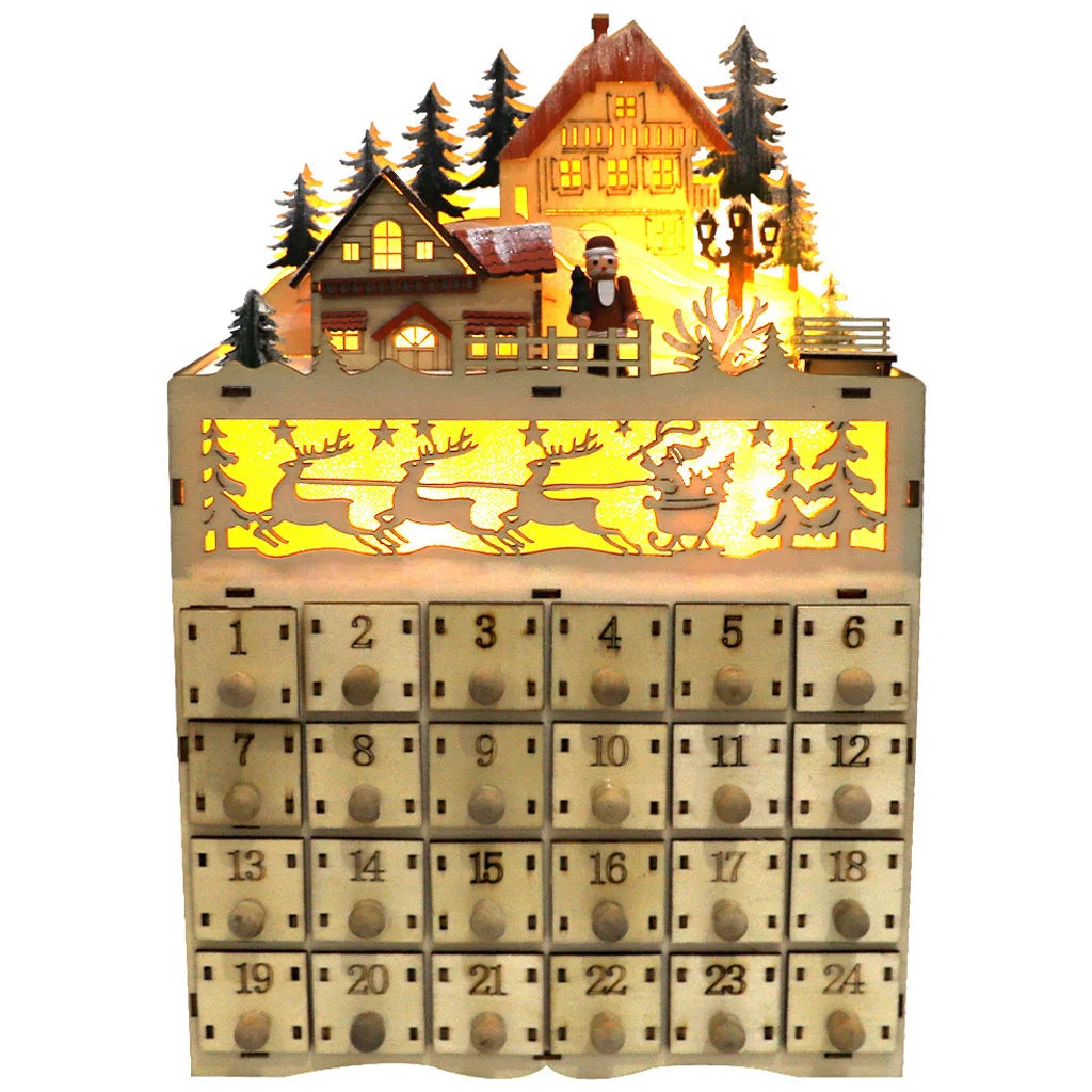 Advent Calendars Christmas Wooden Advent Calendar LED Lighted Village House Countdown Ornament with Drawers Box Decor Gift