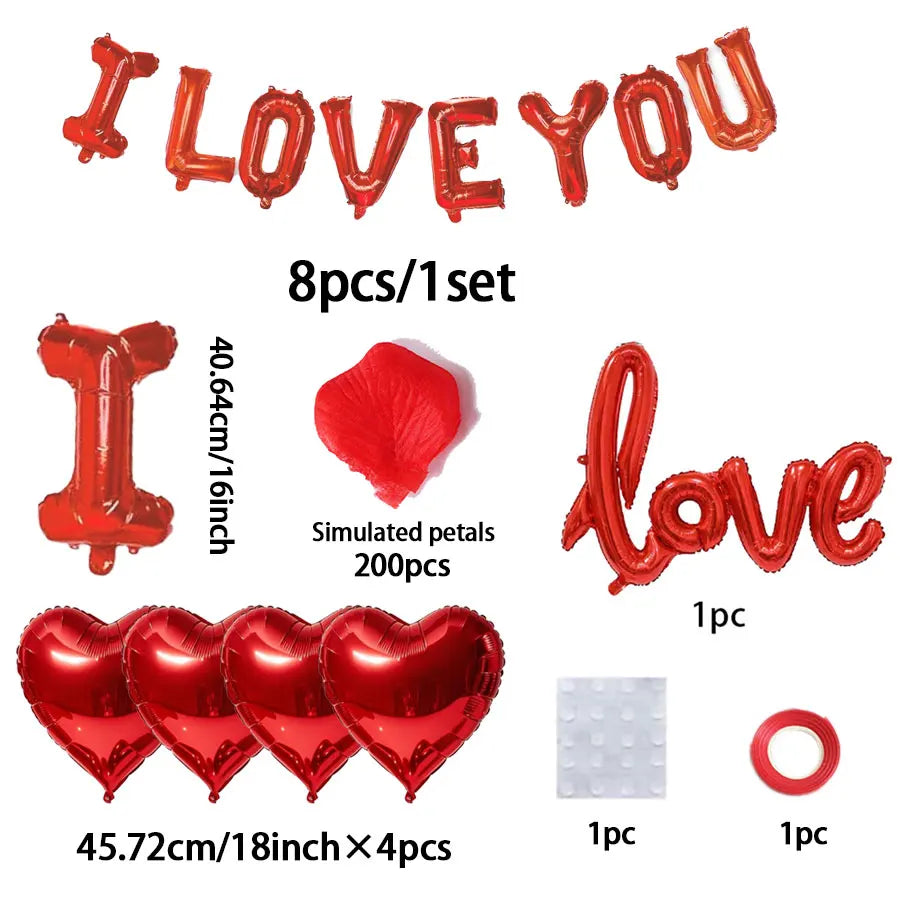 I LOVE YOU Balloon Set Red Simulated Petals Heart shaped Aluminum Film Balloon Valentine's Day Wedding Proposal Decoration