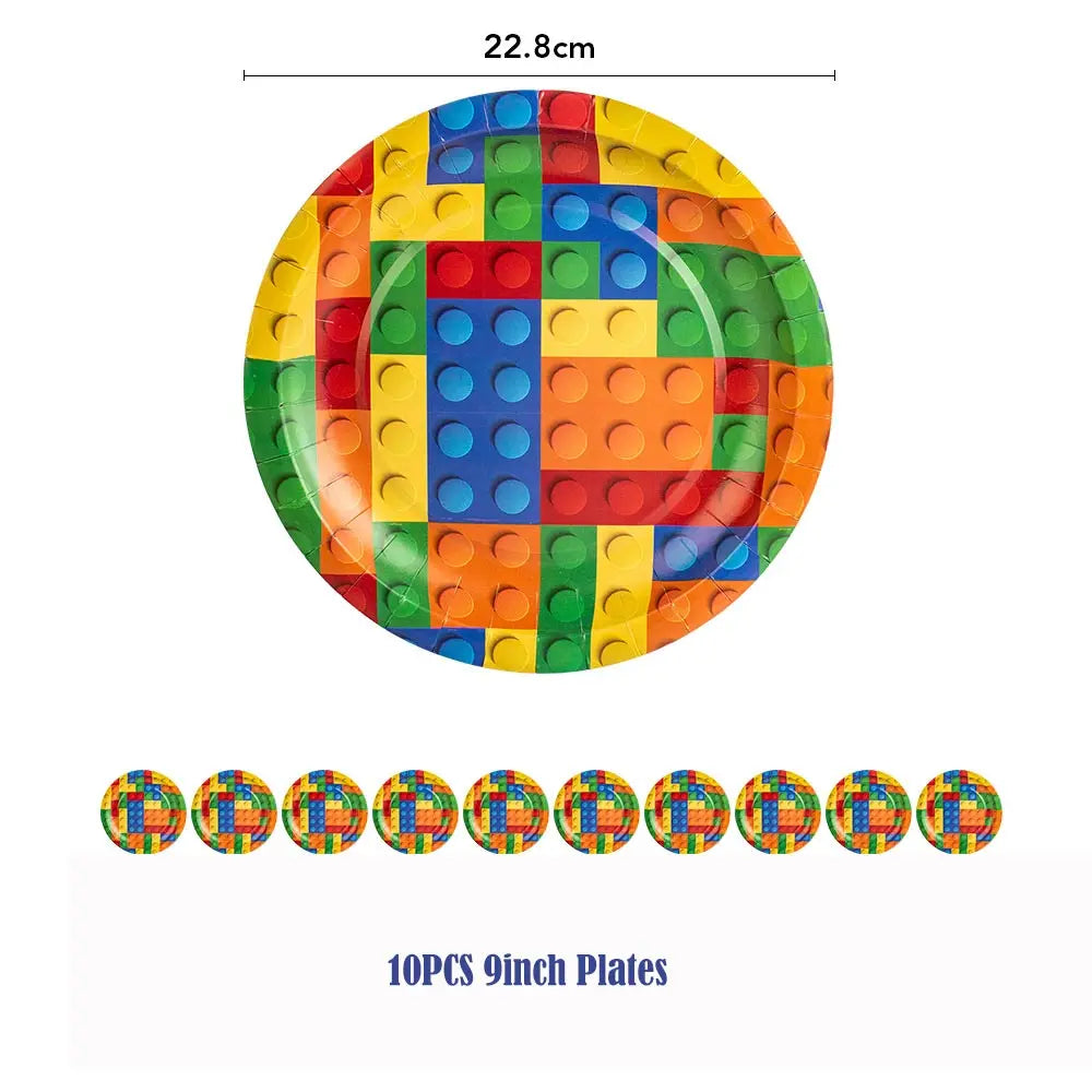 Kids Building Blocks Birthday Party Decoration Colorful Building Block Theme Party Supplies Kit Plates Cups Napkins Straw Ballon