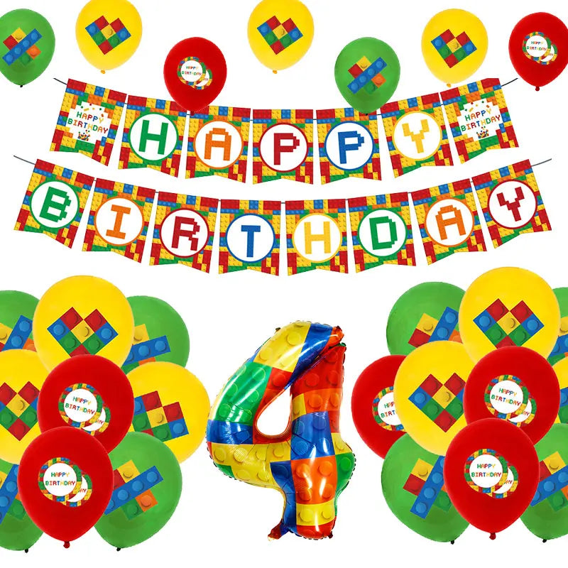 Kids Building Blocks Birthday Party Decoration Colorful Building Block Theme Party Supplies Kit Plates Cups Napkins Straw Ballon
