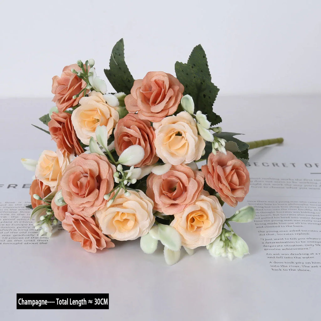 Artificial Rose Bouquet, 9 Heads Fake Silk Flowers, Wedding Party Home Decor, DIY Floral Arrangement, Faux Roses for Vase, Brida