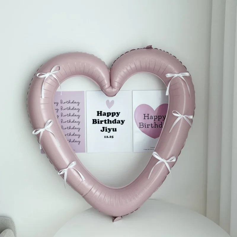 Happy Birthday Heart Photo Frame Balloon with Bowknot Stickers Girlsfriend Birthday Party Photo Props Wedding Ballon Decoration