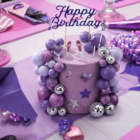 Complete K-Pop Party Cake Topper: Purple Disco Balls, Mic, Hearts & “Happy Birthday” – Music Theme Decor