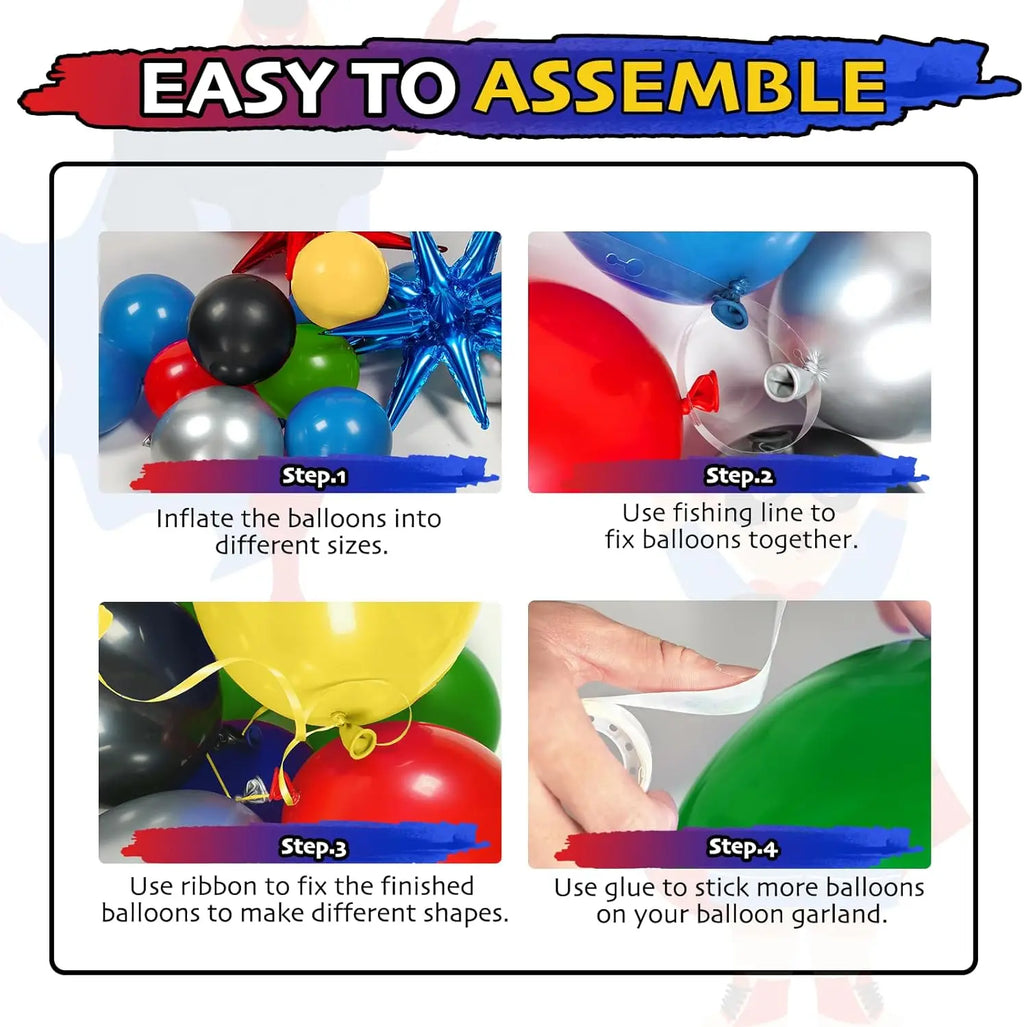137pcs Balloon Arch Kit - Red/Blue/Yellow/Green/Black for Birthday Party Carnival Decor