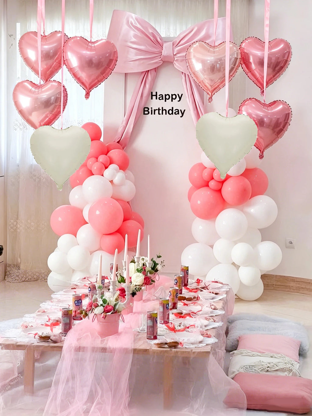 This 11-piece heart-shaped foil balloon set includes 18-inch pink and white heart-shaped balloons. Suitable for wedding parties