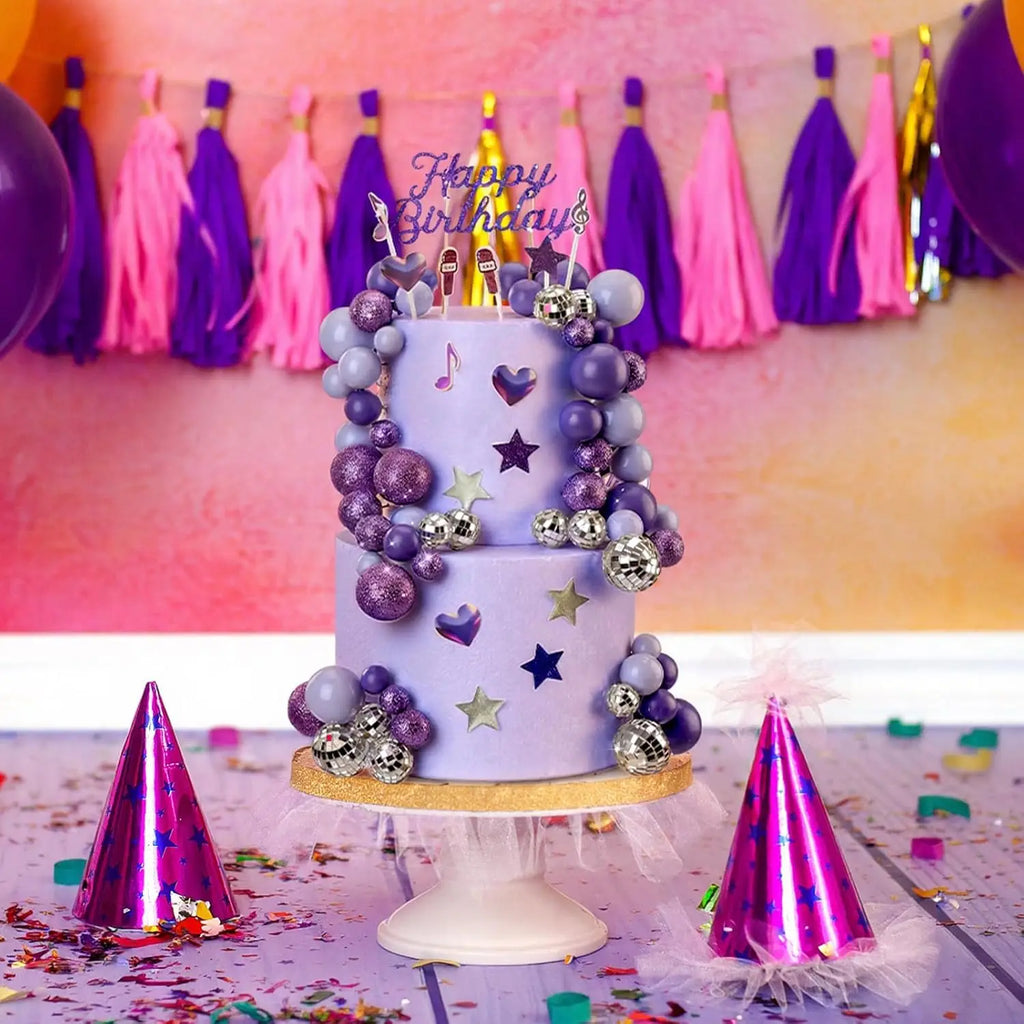 Complete K-Pop Party Cake Topper: Purple Disco Balls, Mic, Hearts & “Happy Birthday” – Music Theme Decor