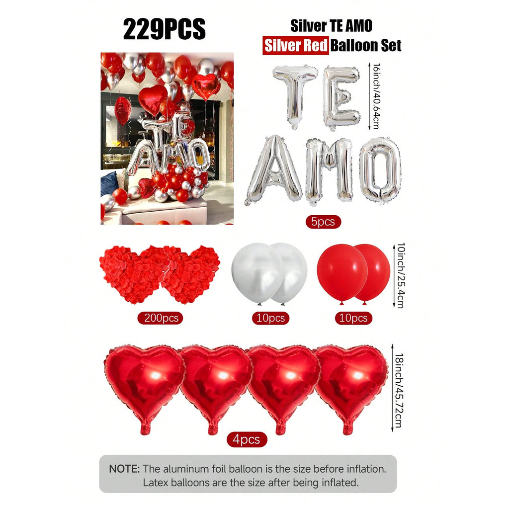 29pcs Balloons & 200pcs Petals Silver TE AMO Letter Set, I Love You Balloons, Metallic Silver & Red Heart for Valentine's Day,