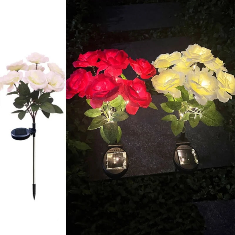 7-Head Solar-Powered LED Rose Lights Flower Garden Decor Outdoor Pathways Landscaping Light Lawn Decorative Atmosphere Lights